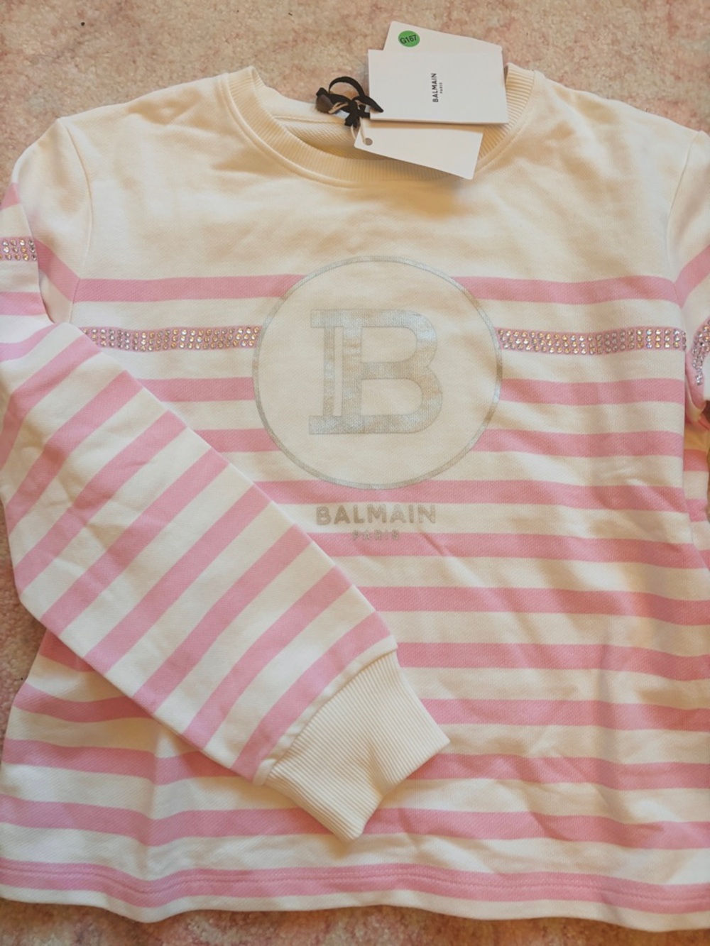 Balmain Pink & White Striped Logo Sweatshirt